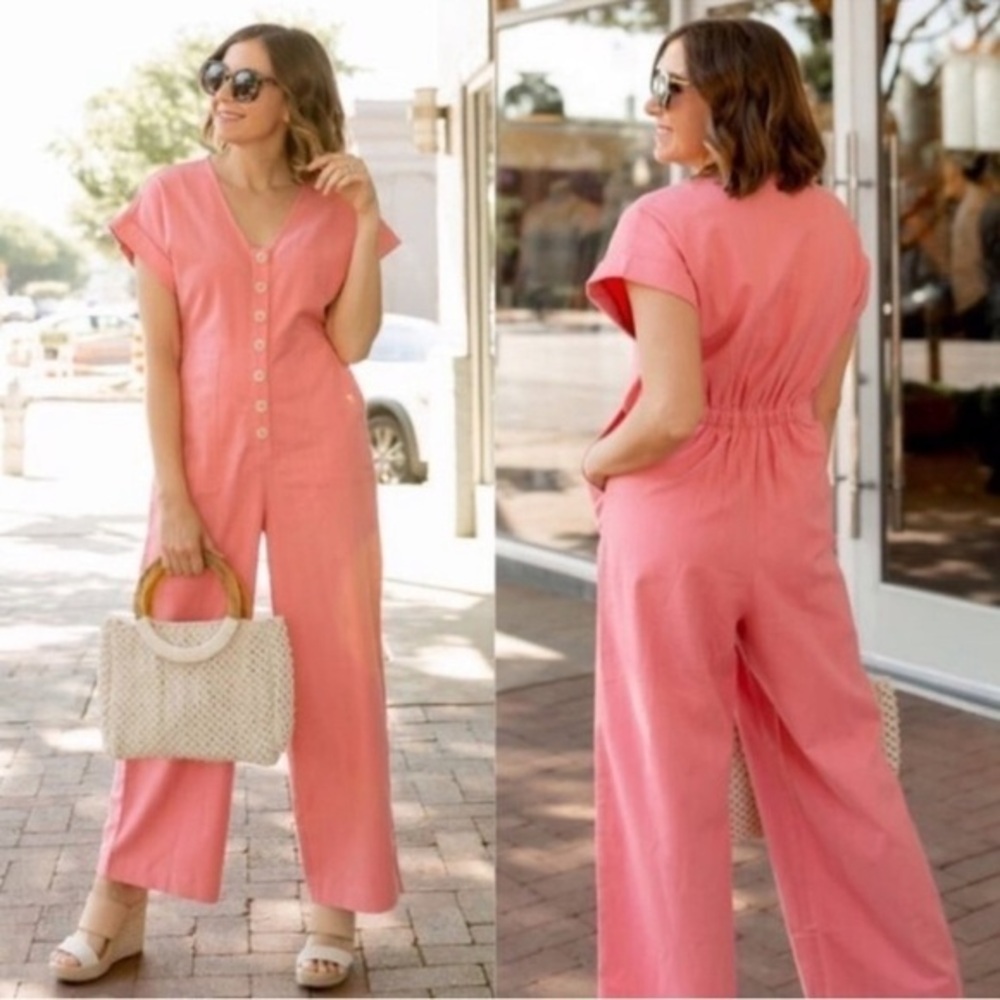 Madewell Button-Front Day Jumpsuit cotton pink